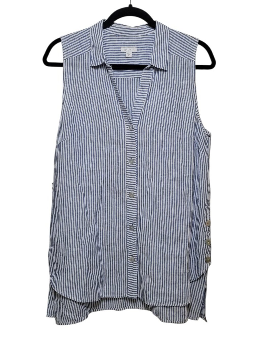 J. Jill Love Linen Sleeveless Tunic Blouse Blue White Striped Button Down Medium - Picture 3 of 9